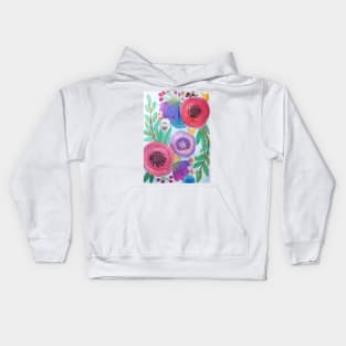 Watercolor red and purple flowers and leaves Kids Hoodie